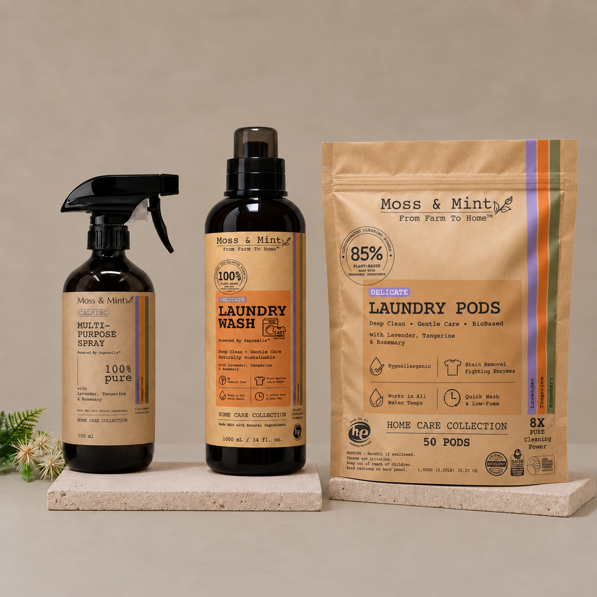 Moss & Mint home care bundle with Delicate Laundry Wash, Calming Multi-Purpose Spray and revised Delicate Laundry Pods 50-count pouch.